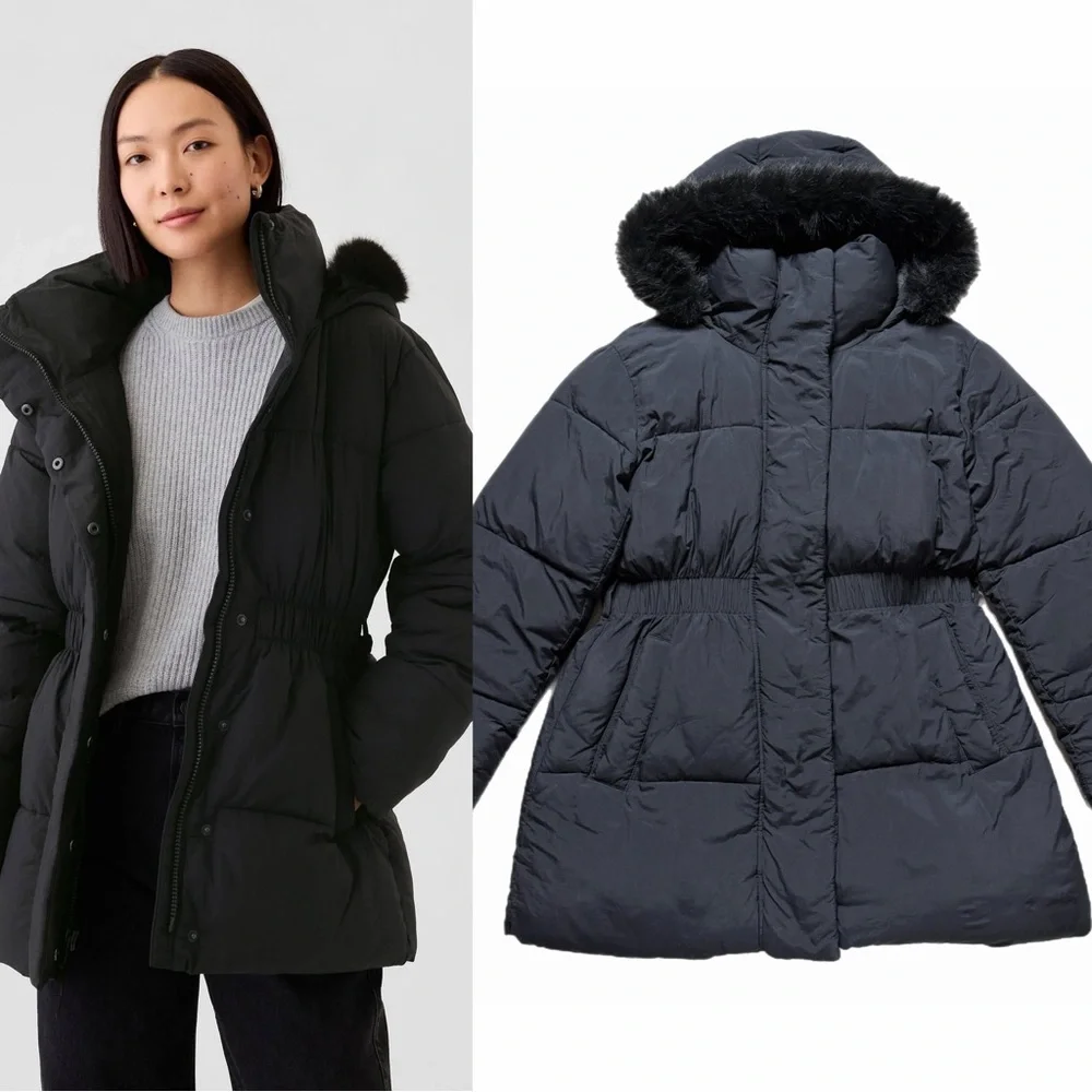 GAP Primaloft Puffer Midi Coat Black Fur Trim Hooded Winter Jacket M - Picture 1 of 13